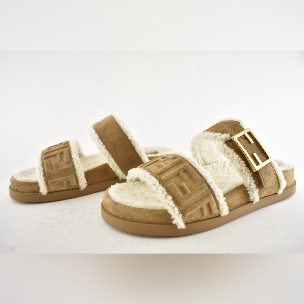 Fendi Feel Slide Shearling Fur Lined Bronze Monogram Logo Mule Flat Sandal 38 - Picture 12 of 16